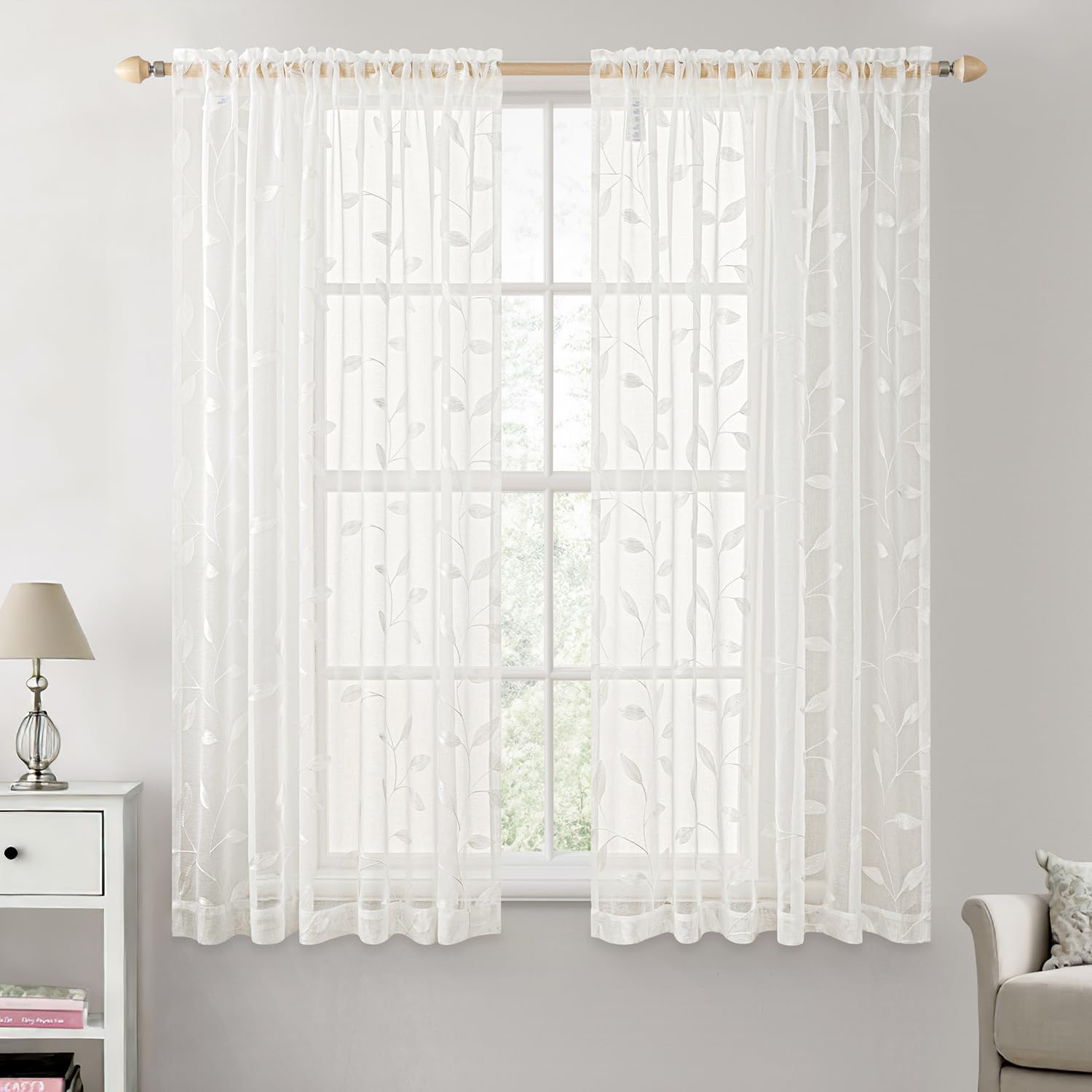 Beige Embroidered Sheer Curtain Panels
