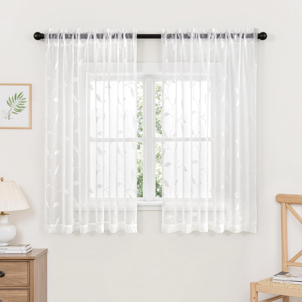 Beige Embroidered Sheer Curtain Panels