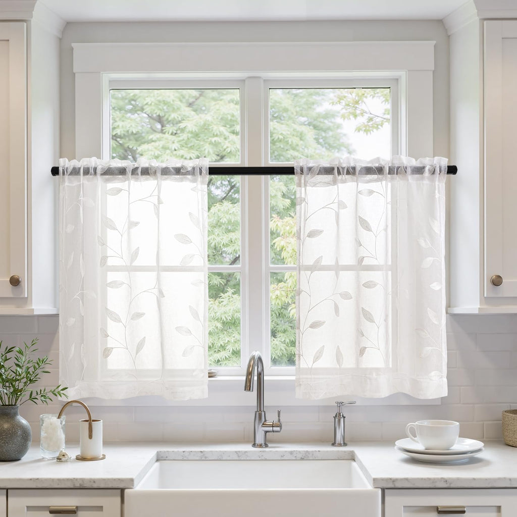 Beige Embroidered Sheer Curtain Panels