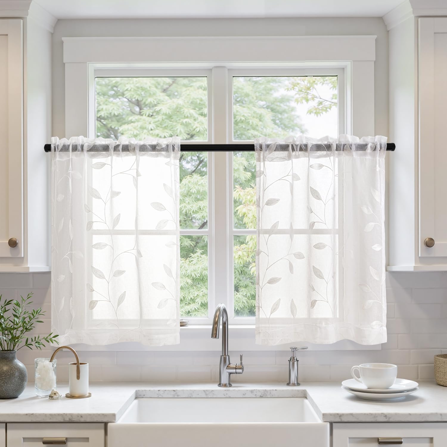 Beige Embroidered Sheer Curtain Panels