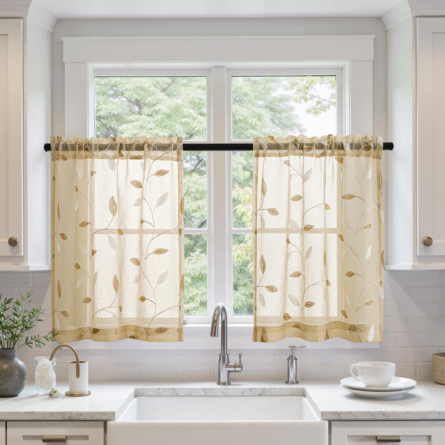 Beige Embroidered Sheer Curtain Panels