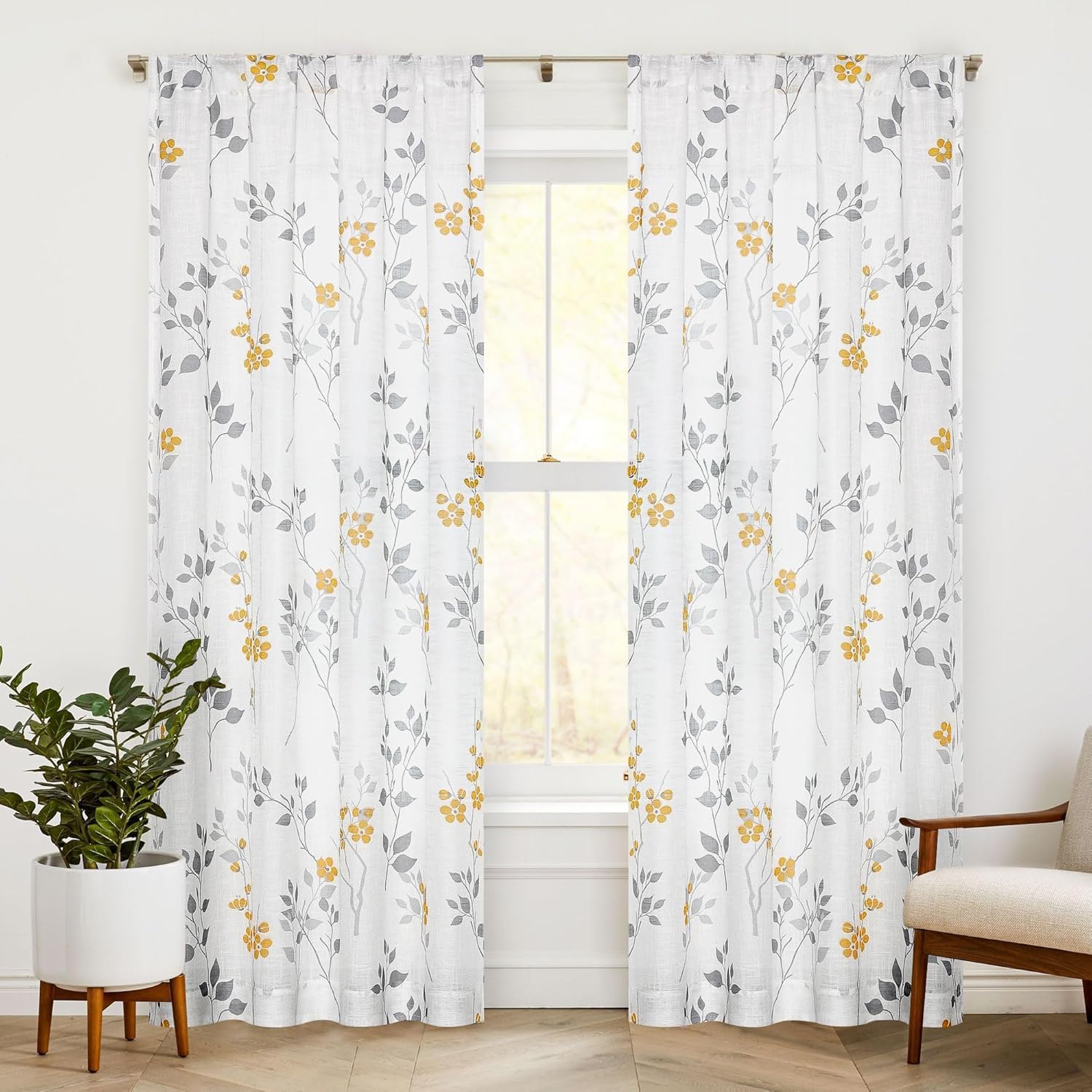 Grey Floral Linen Curtain Panels