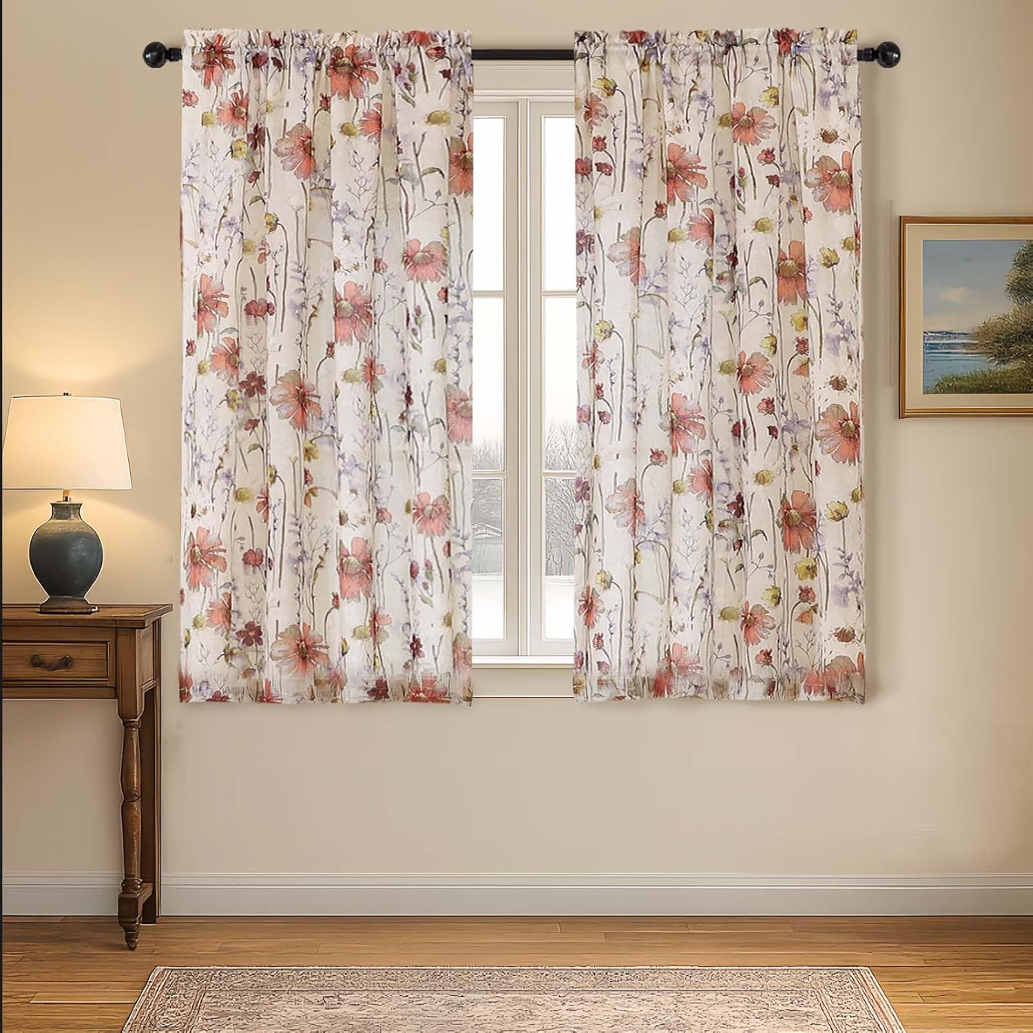 Floral Semi Sheer Short Curtains