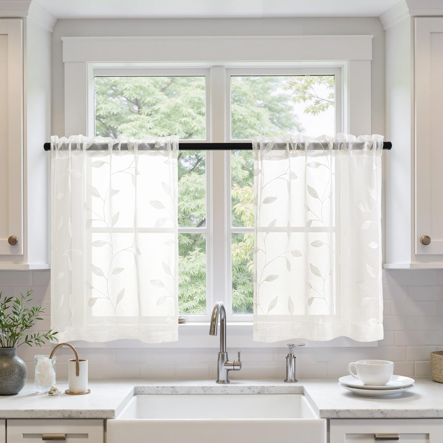 Beige Embroidered Sheer Curtain Panels