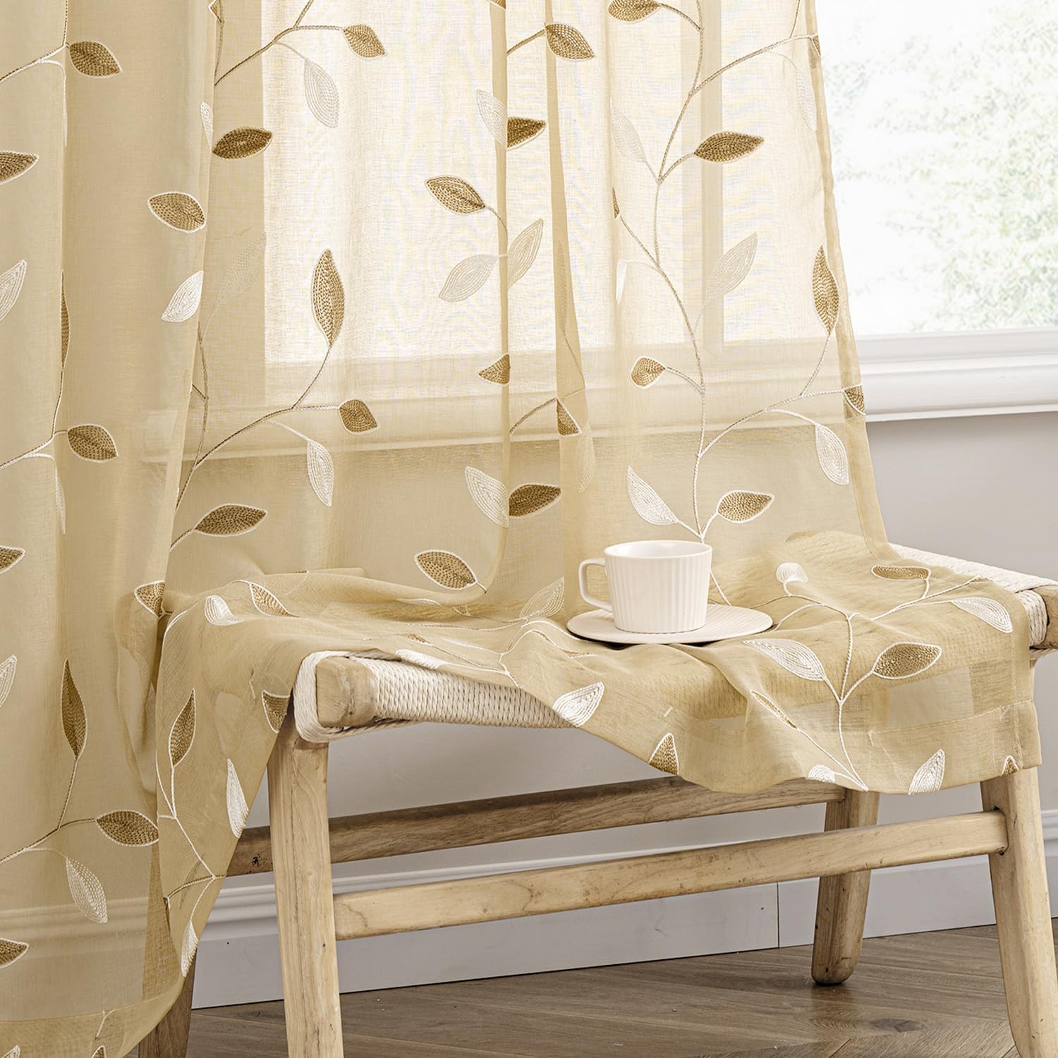 Beige Embroidered Sheer Curtain Panels
