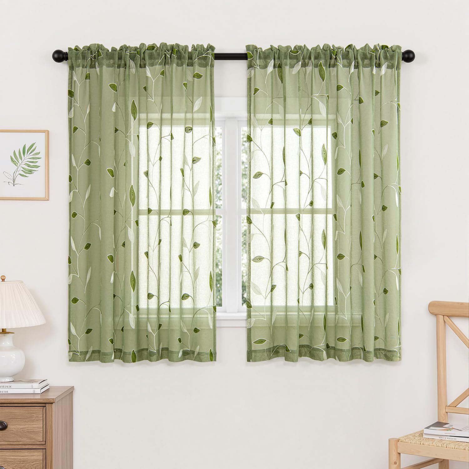 Beige Embroidered Sheer Curtain Panels