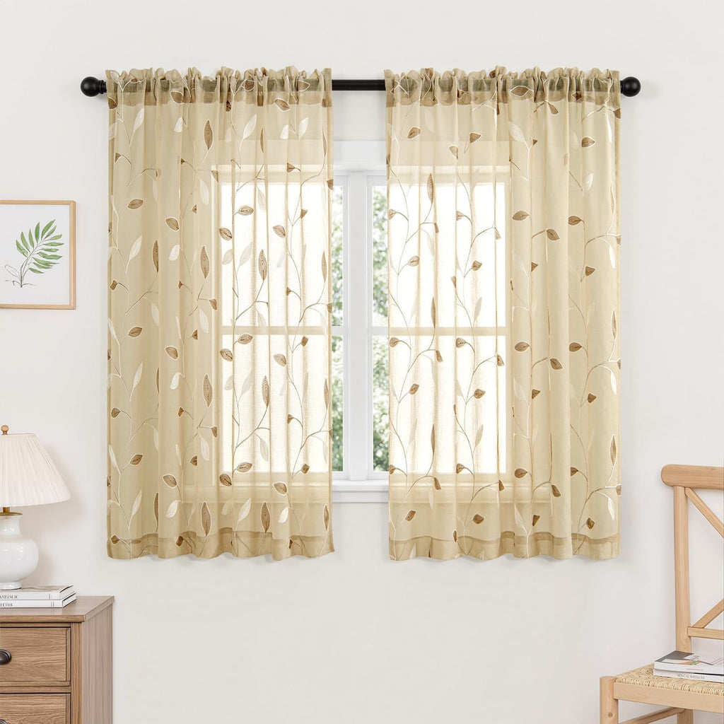 Beige Embroidered Sheer Curtain Panels