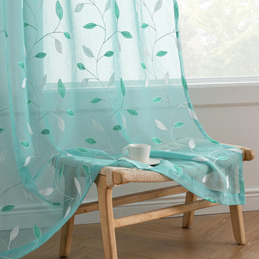 Beige Embroidered Sheer Curtain Panels