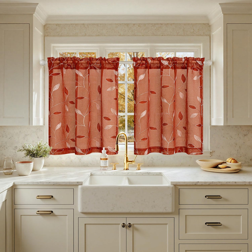 Beige Embroidered Sheer Curtain Panels