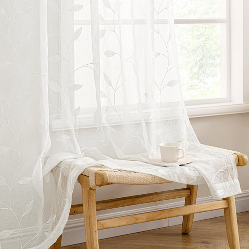 Beige Embroidered Sheer Curtain Panels