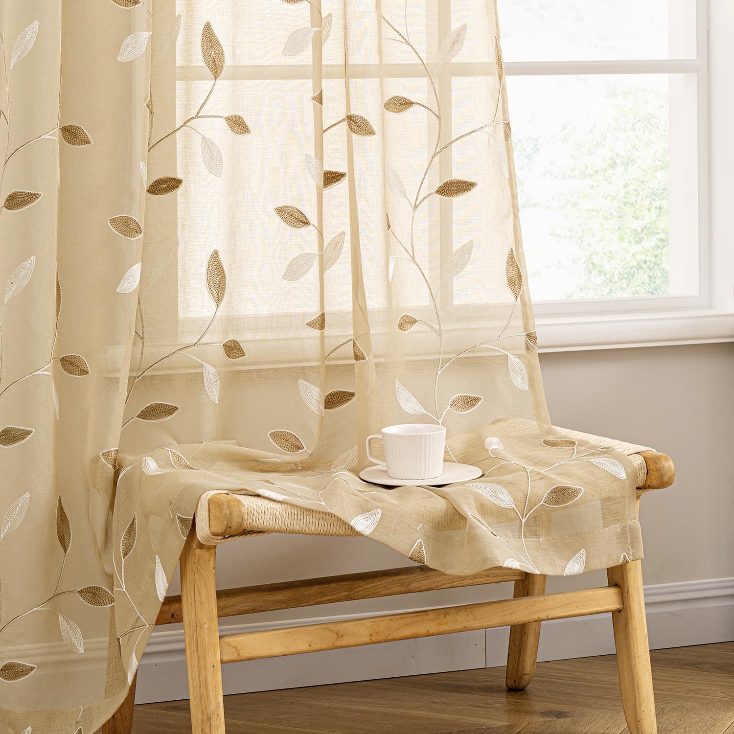 Beige Embroidered Sheer Curtain Panels
