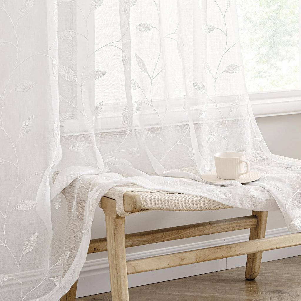 Beige Embroidered Sheer Curtain Panels