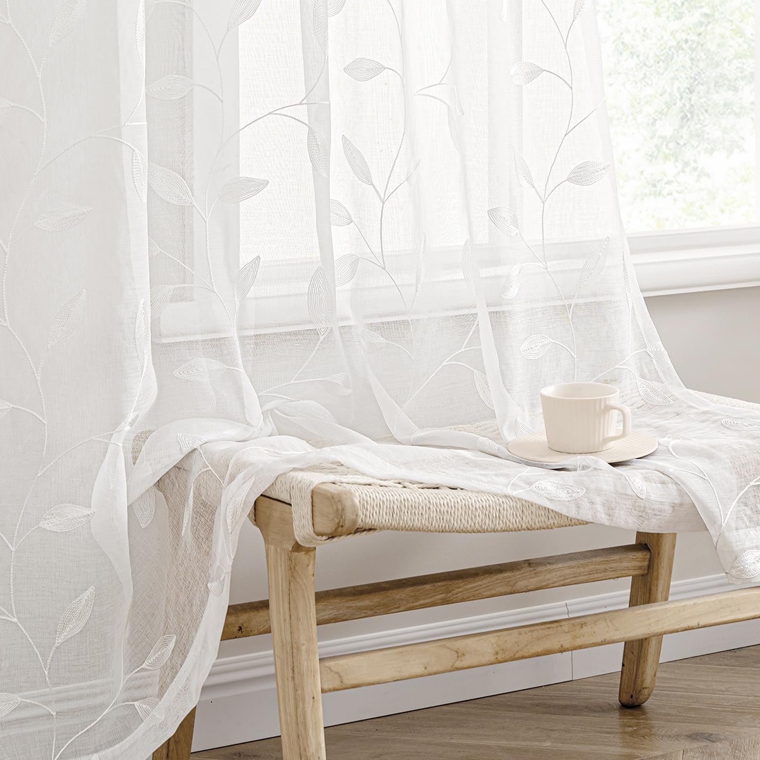 Beige Embroidered Sheer Curtain Panels