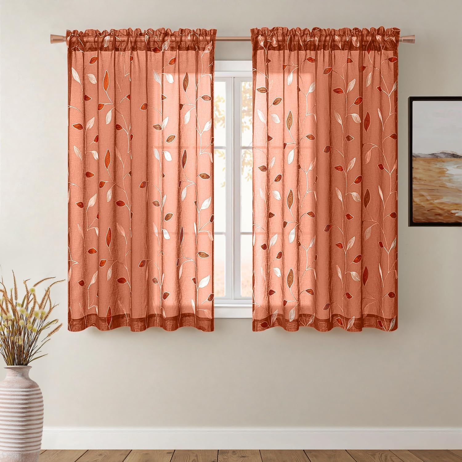 Beige Embroidered Sheer Curtain Panels