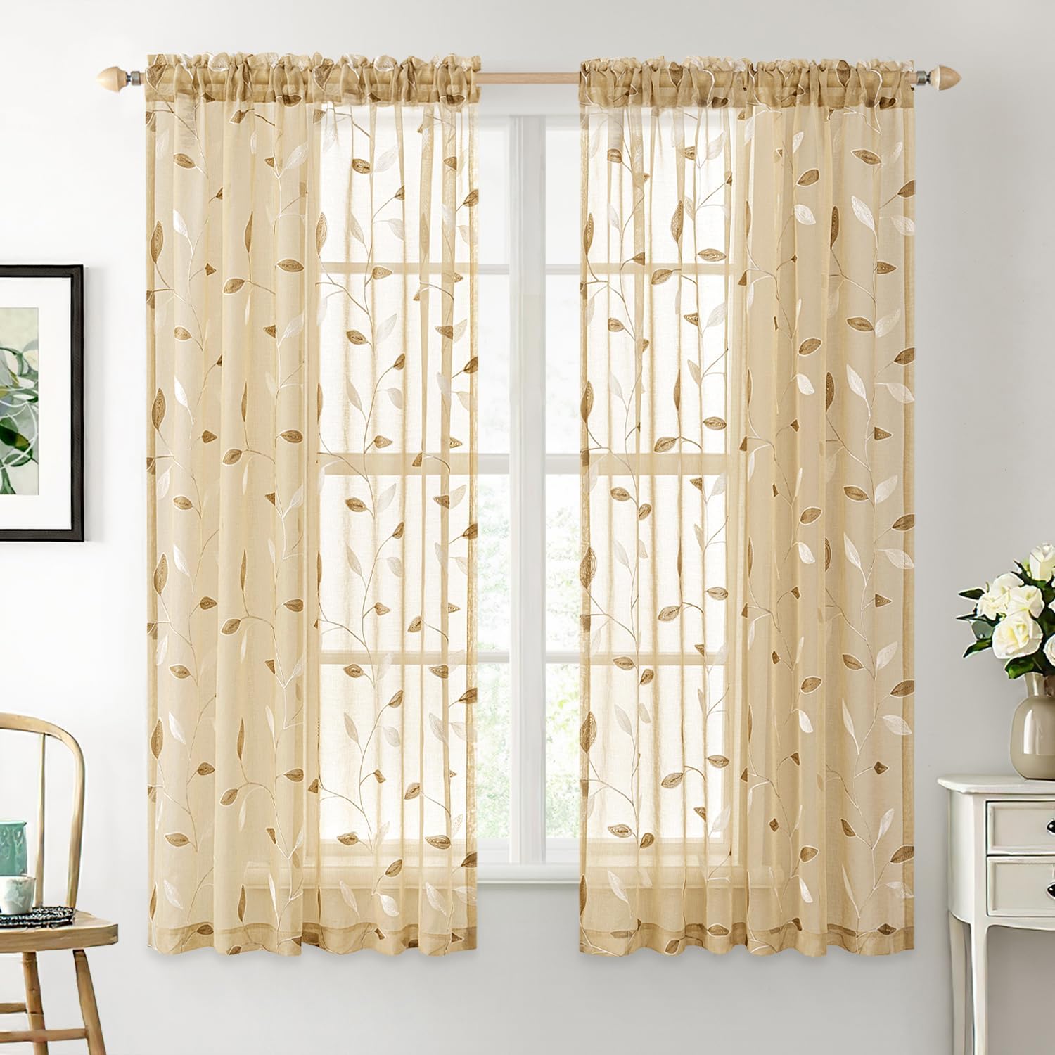 Beige Embroidered Sheer Curtain Panels
