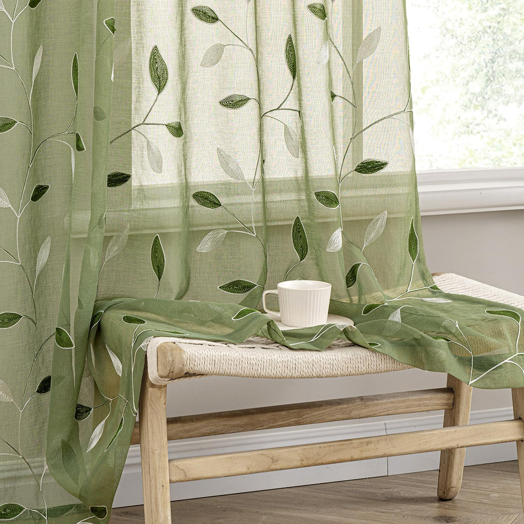 Beige Embroidered Sheer Curtain Panels
