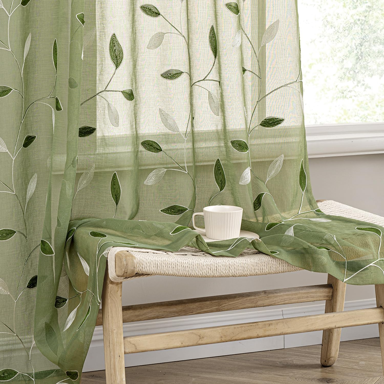 Beige Embroidered Sheer Curtain Panels
