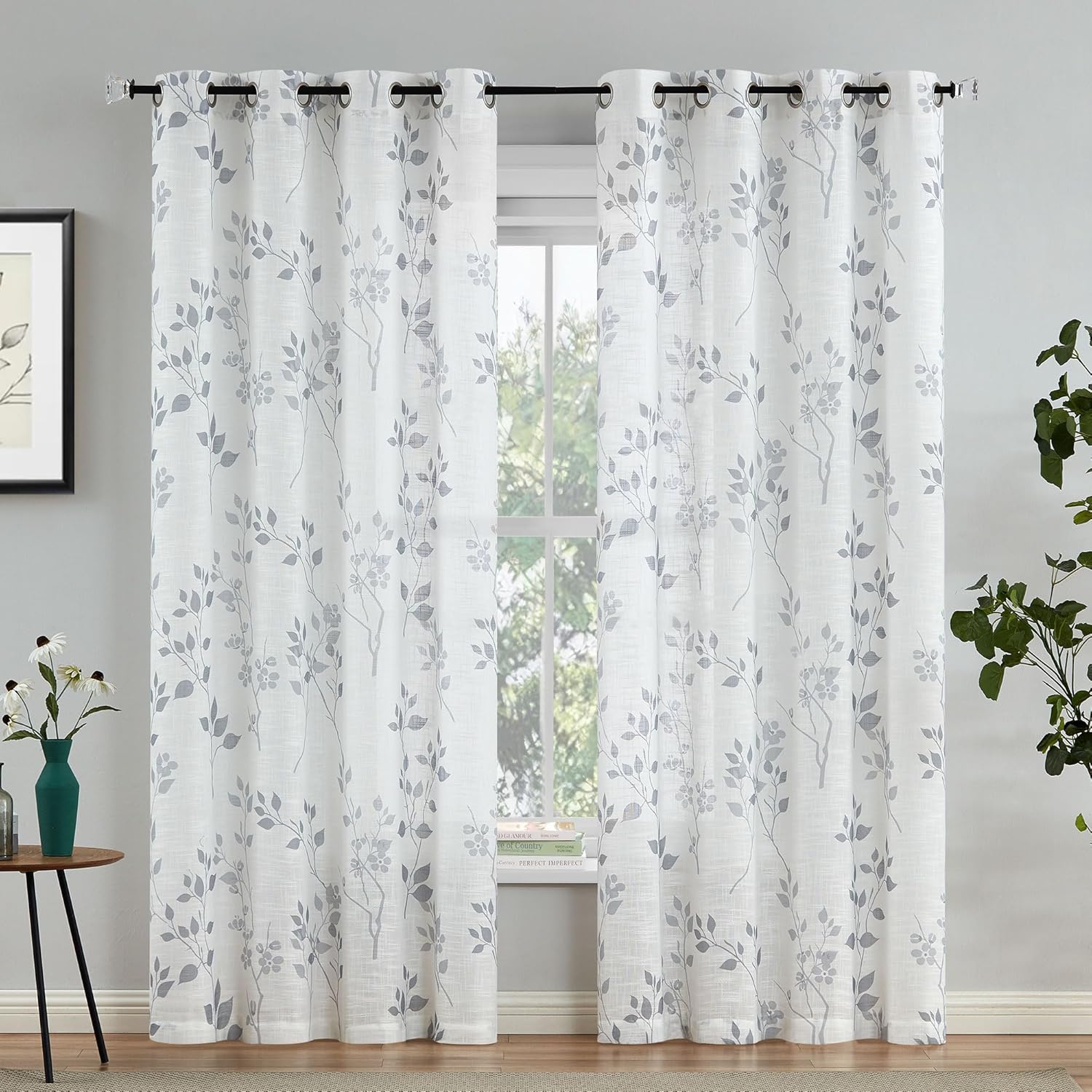Grey Floral Linen Curtain Panels