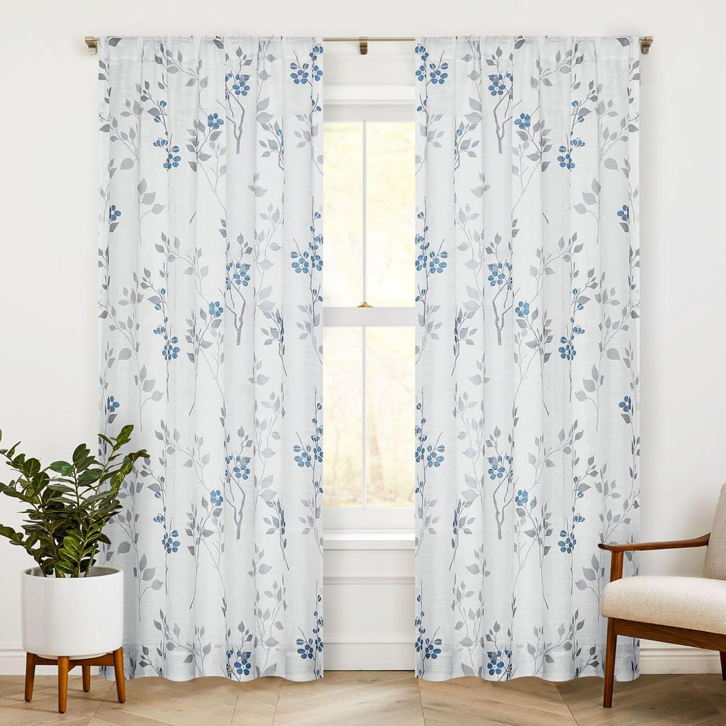 Grey Floral Linen Curtain Panels