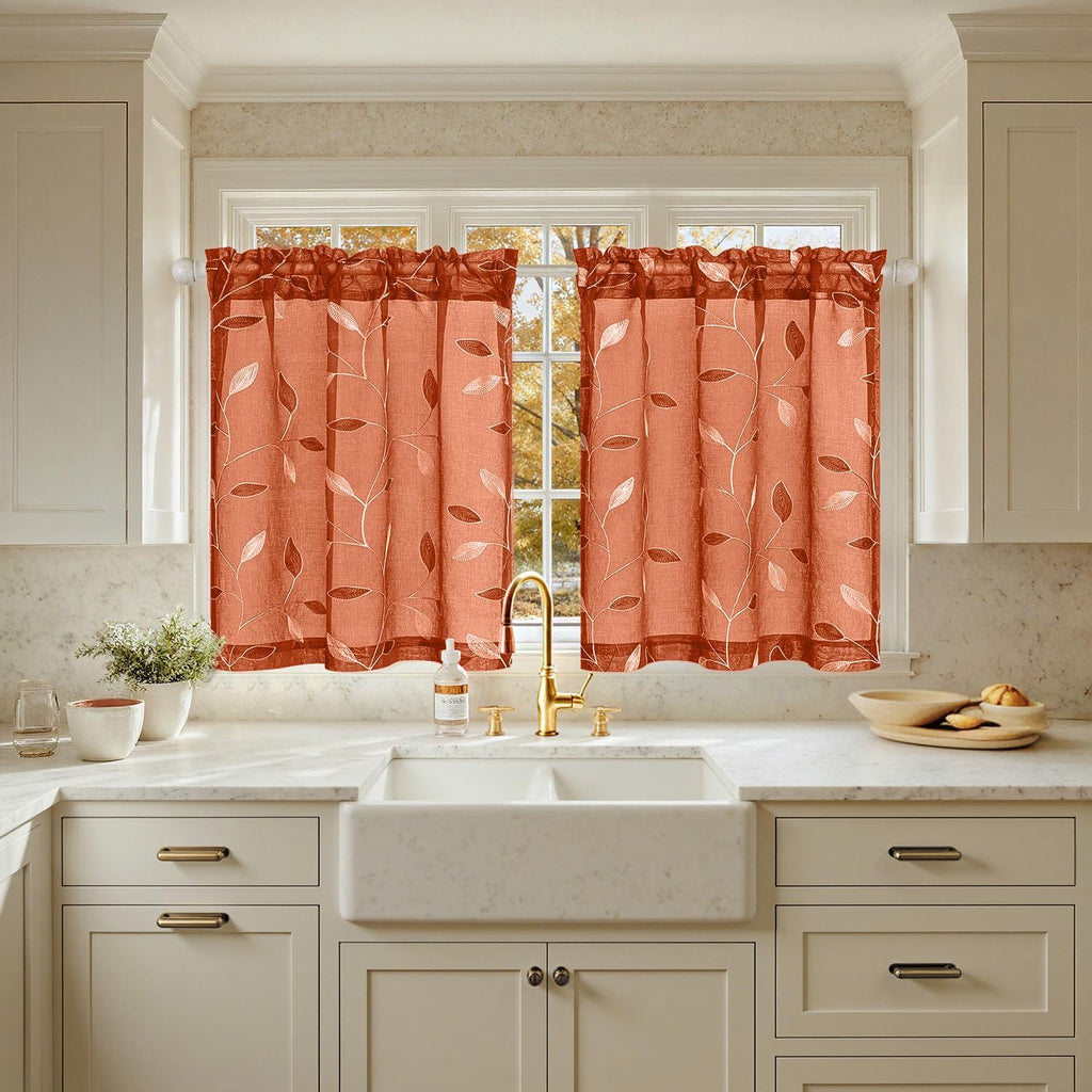 Beige Embroidered Sheer Curtain Panels