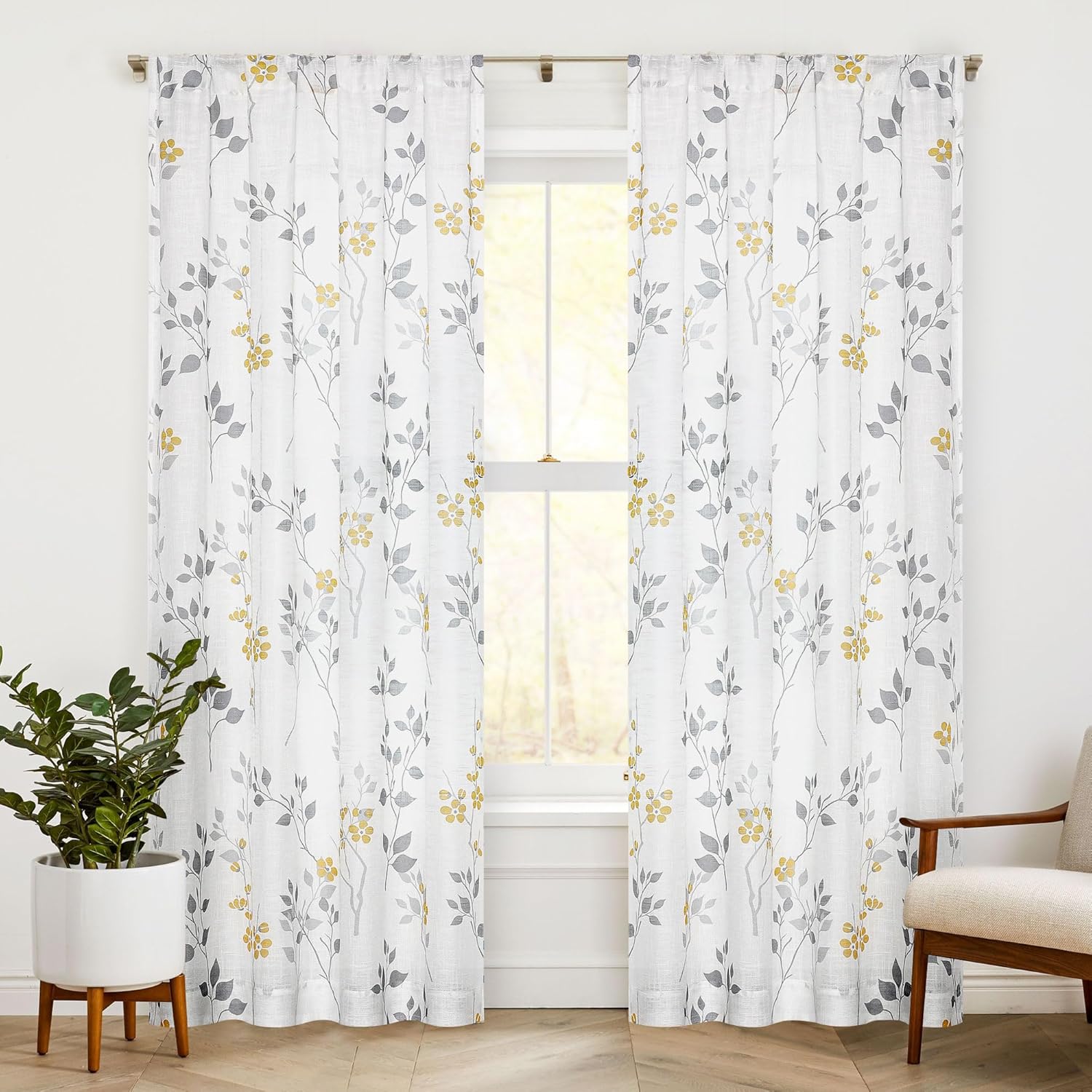 Grey Floral Linen Curtain Panels