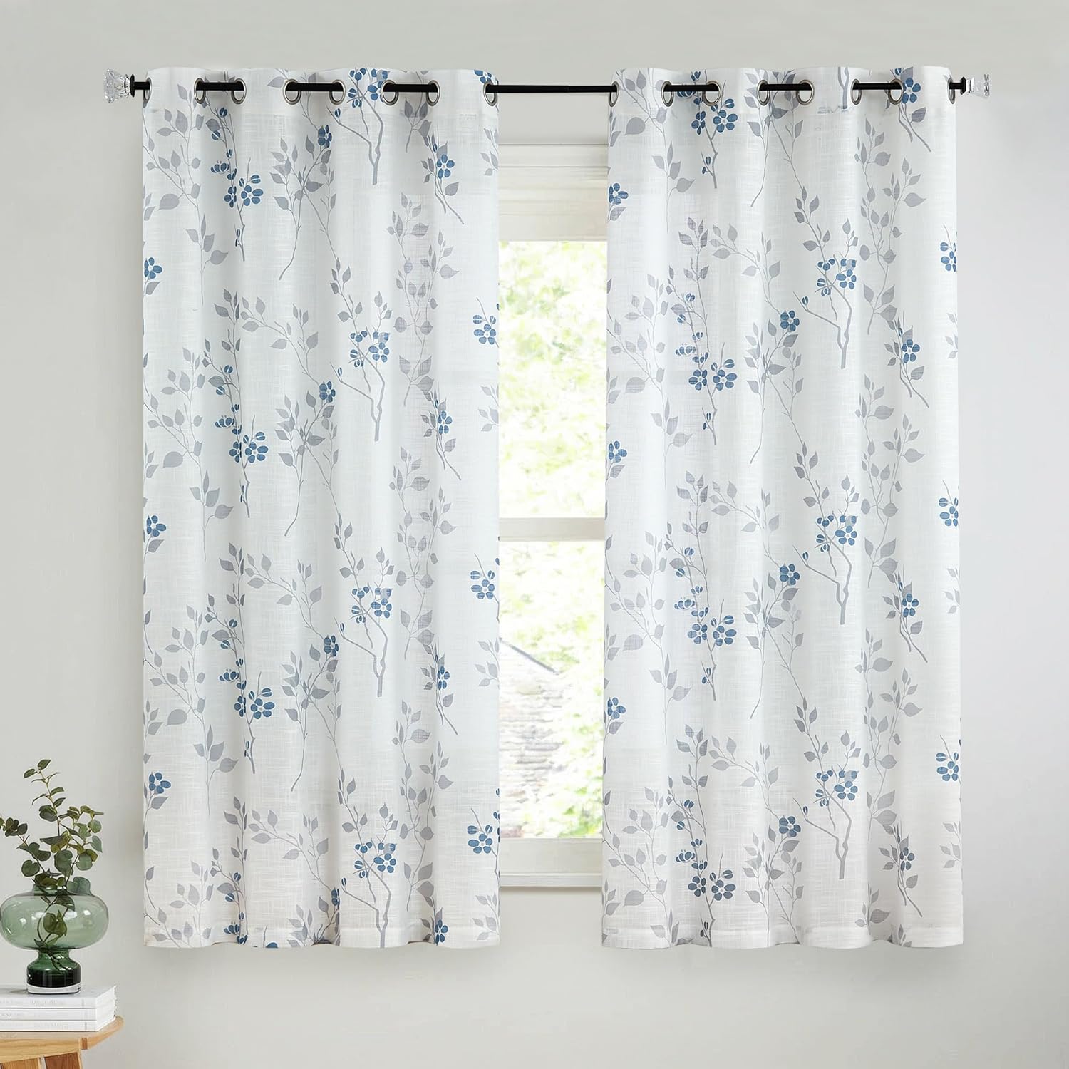 Grey Floral Linen Curtain Panels