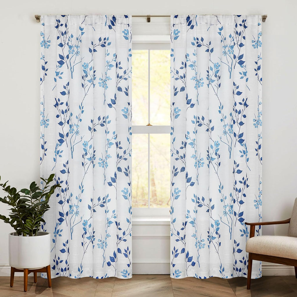 Grey Floral Linen Curtain Panels