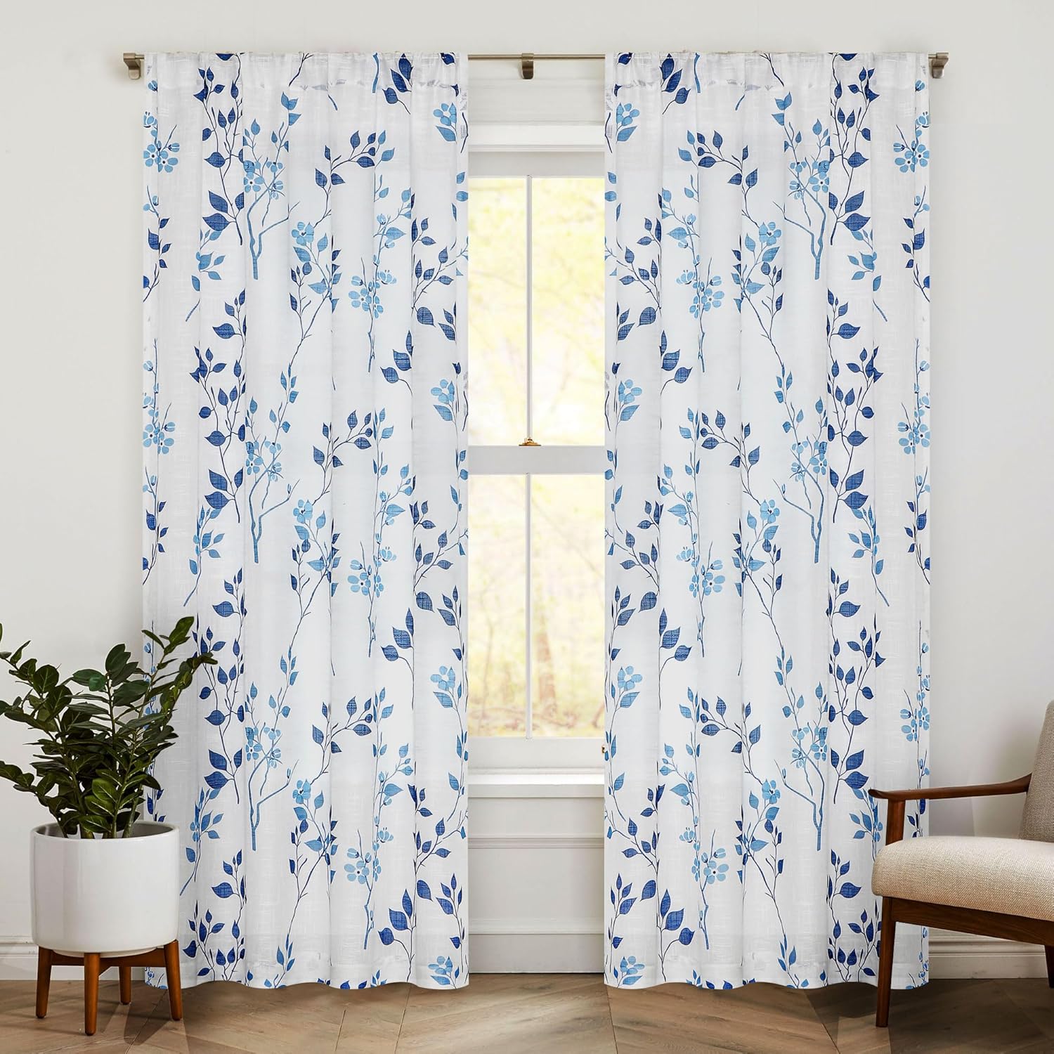 Grey Floral Linen Curtain Panels