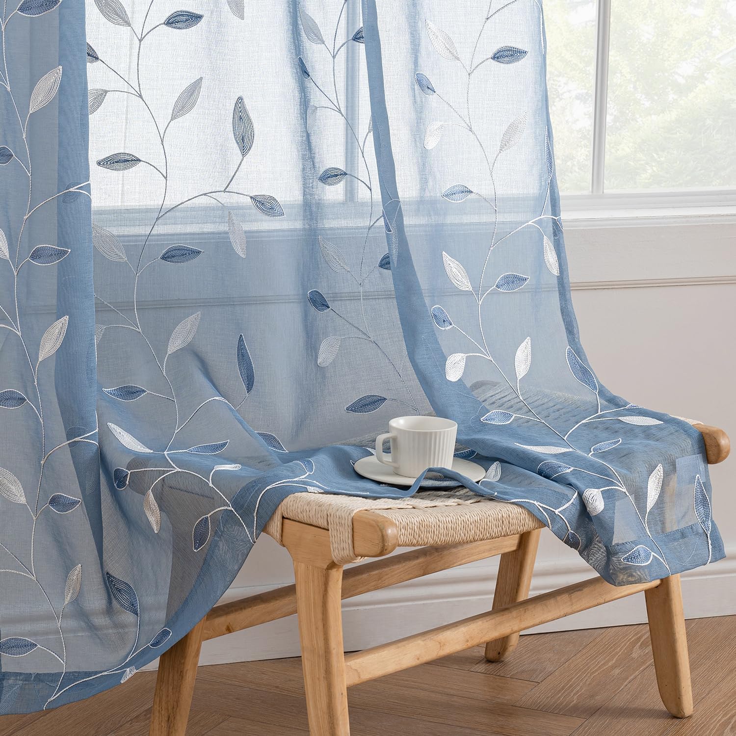 Beige Embroidered Sheer Curtain Panels