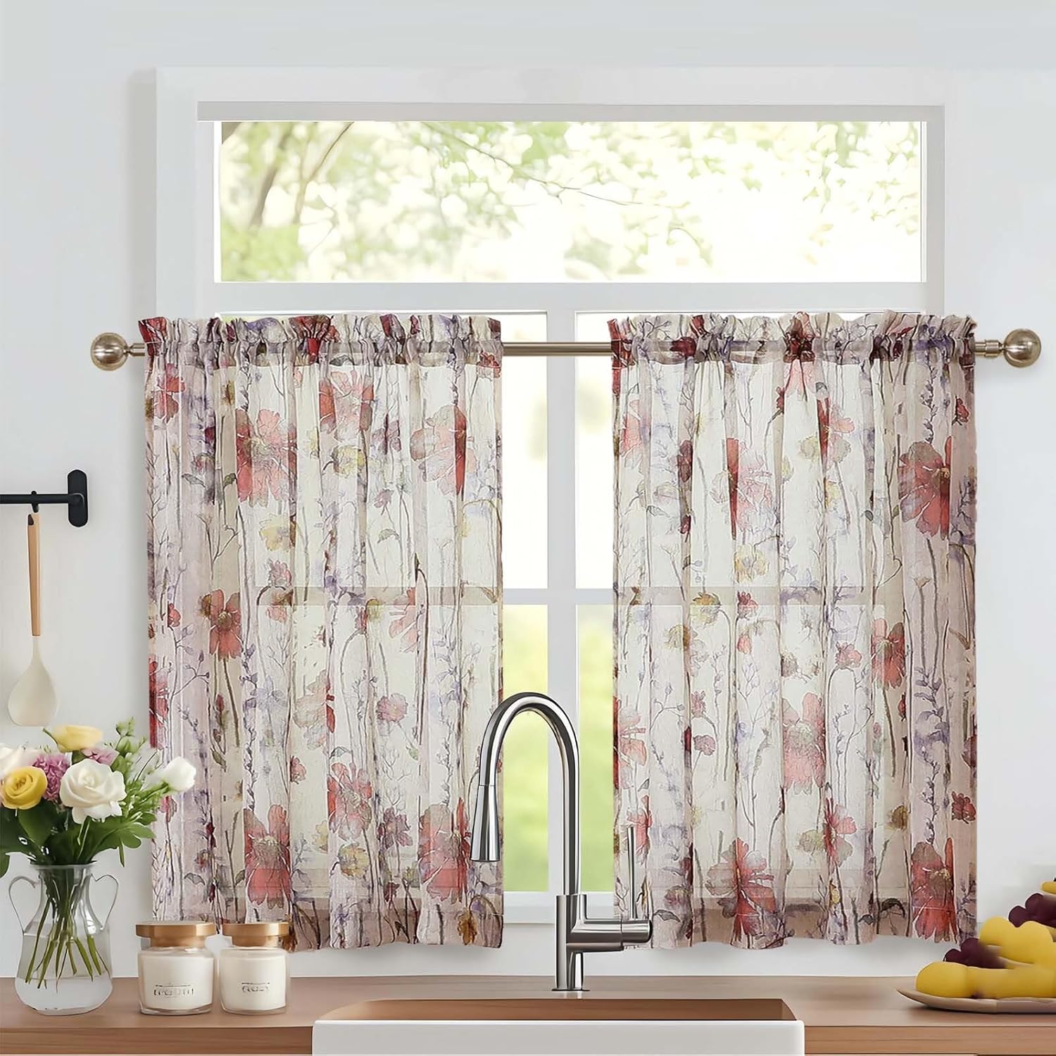 Floral Semi Sheer Short Curtains
