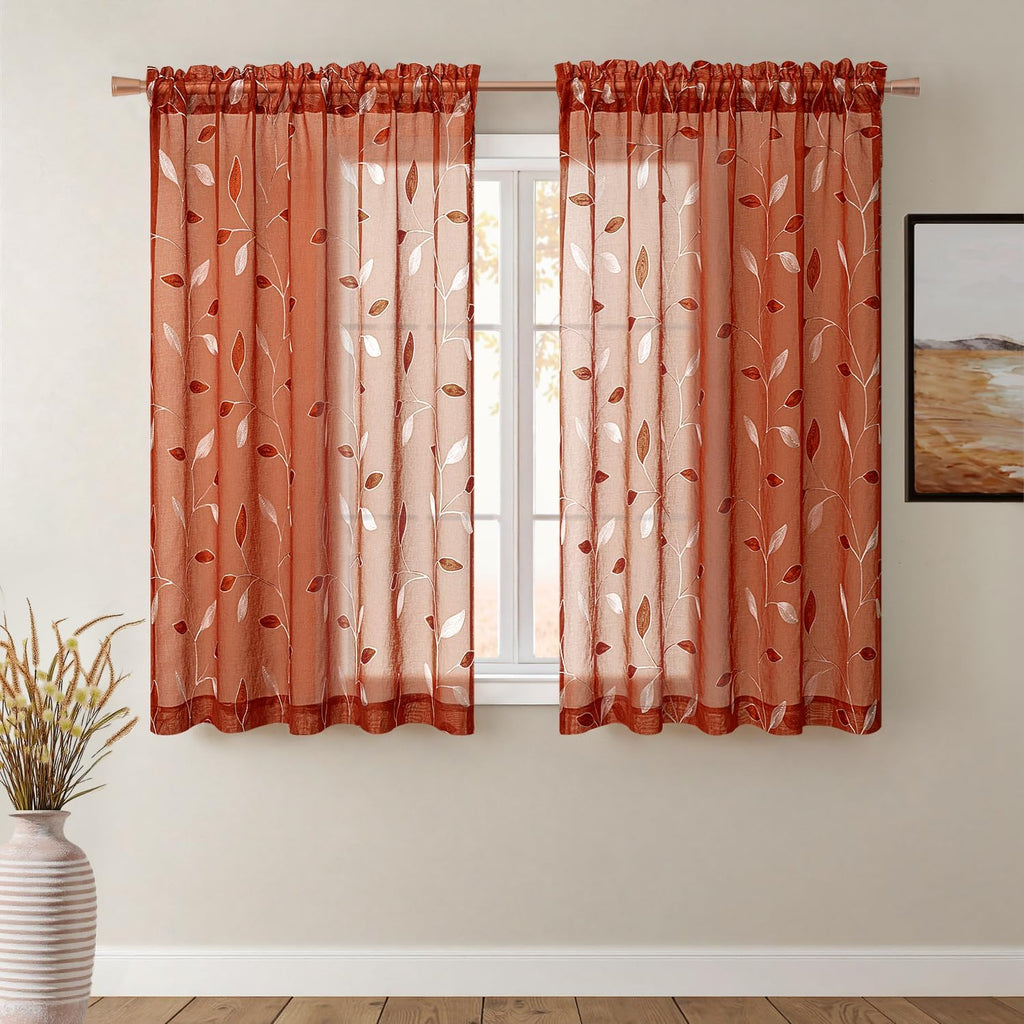 Beige Embroidered Sheer Curtain Panels