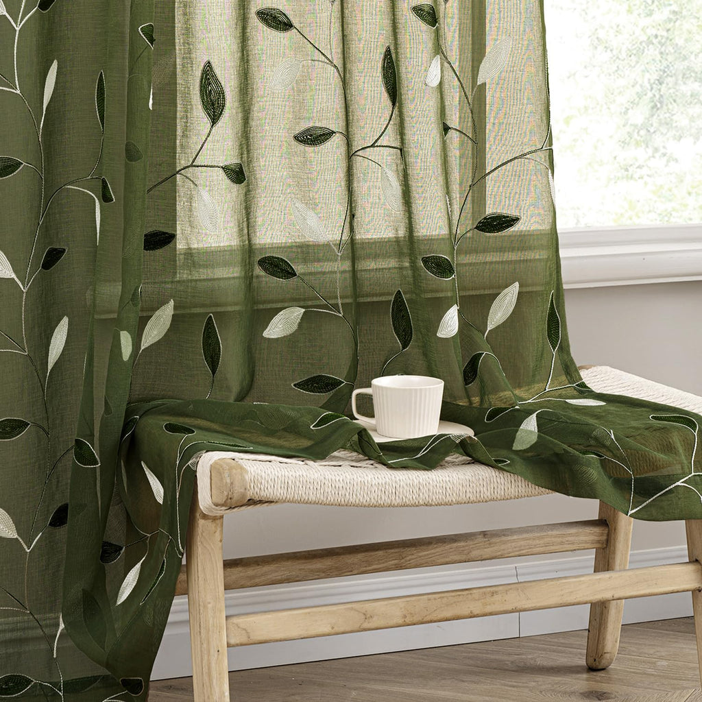 Beige Embroidered Sheer Curtain Panels