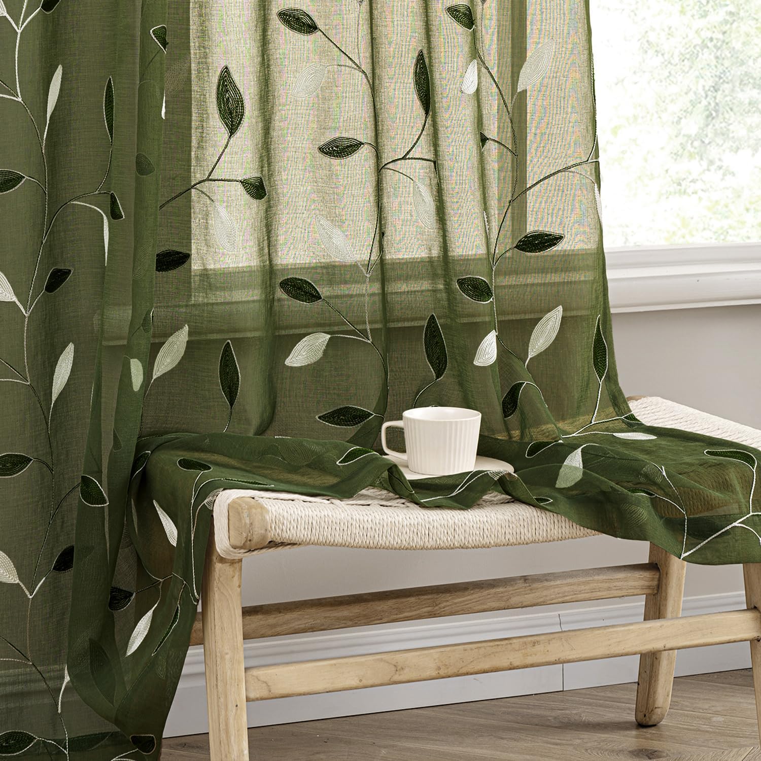 Beige Embroidered Sheer Curtain Panels