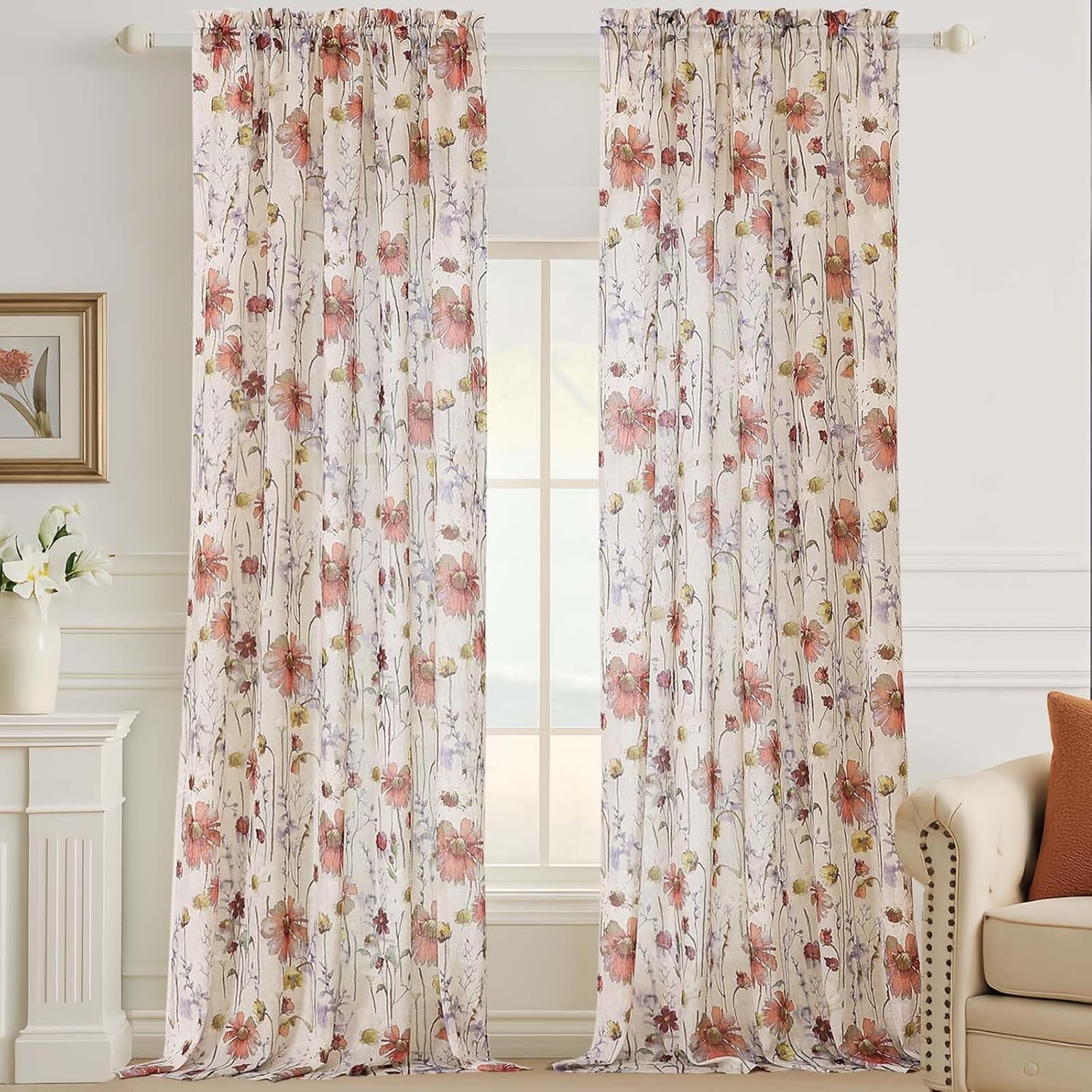 Floral Semi Sheer Short Curtains