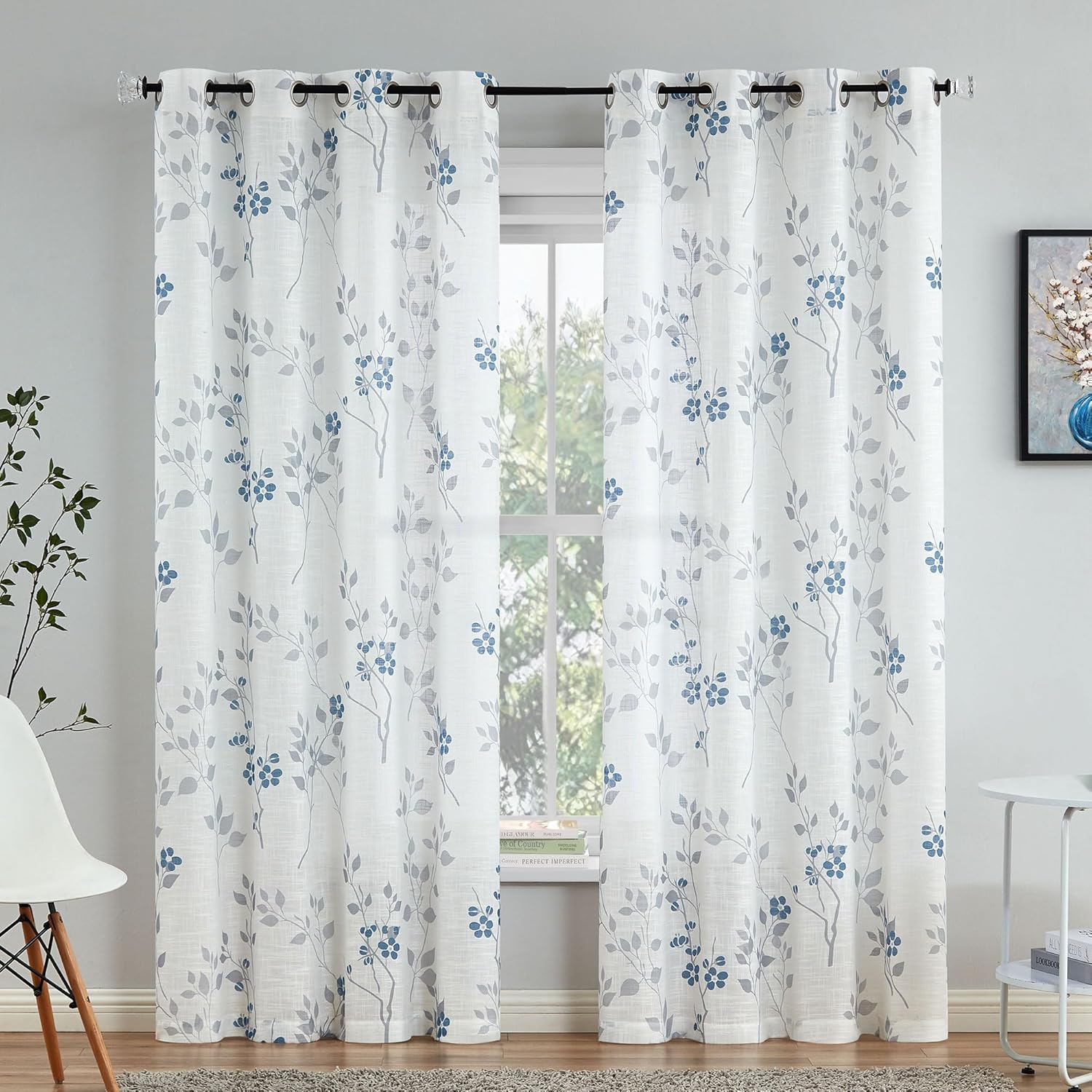 Grey Floral Linen Curtain Panels