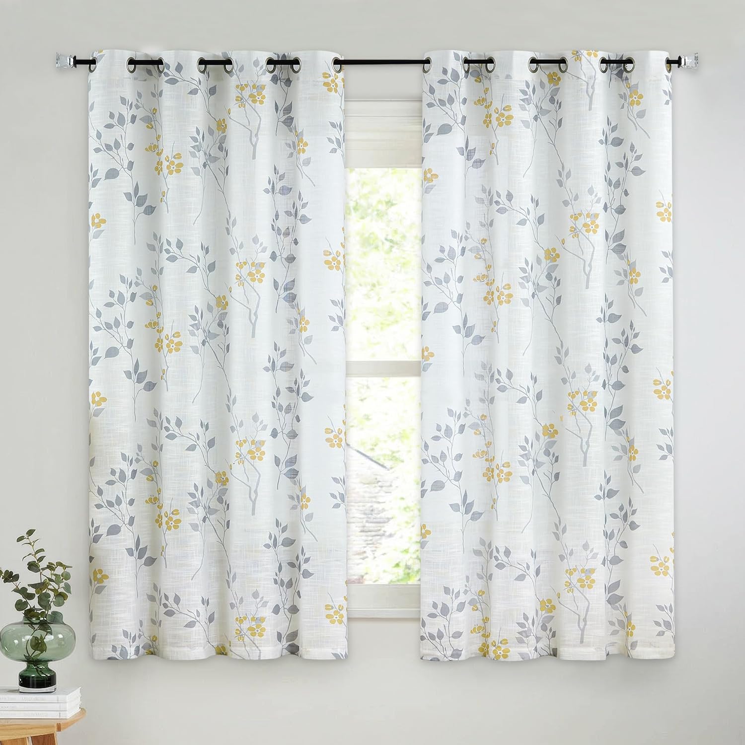 Grey Floral Linen Curtain Panels