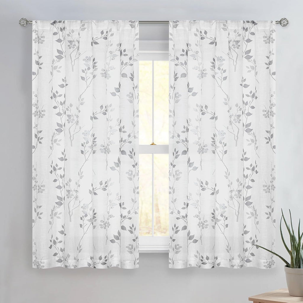 Grey Floral Linen Curtain Panels