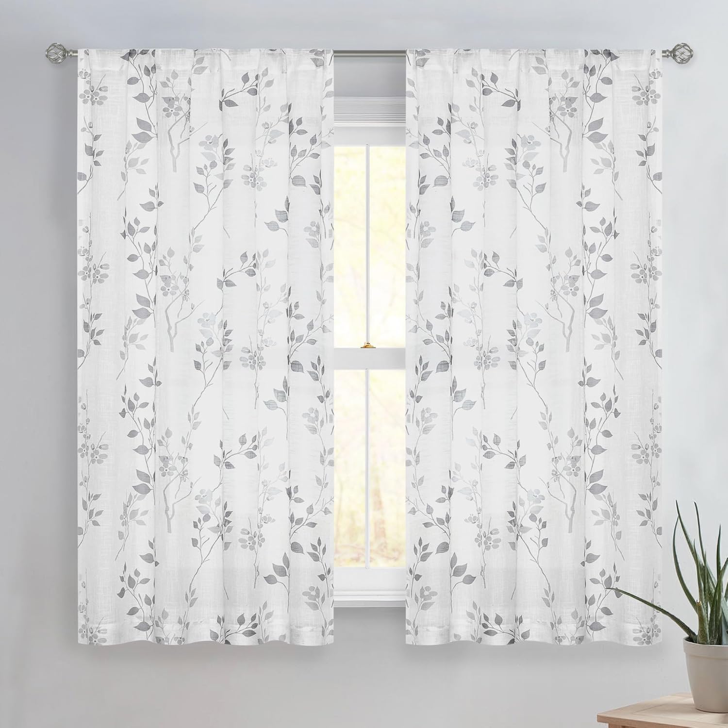 Grey Floral Linen Curtain Panels