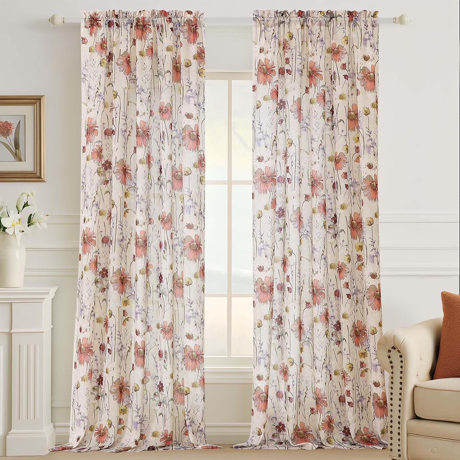 Floral Semi Sheer Short Curtains