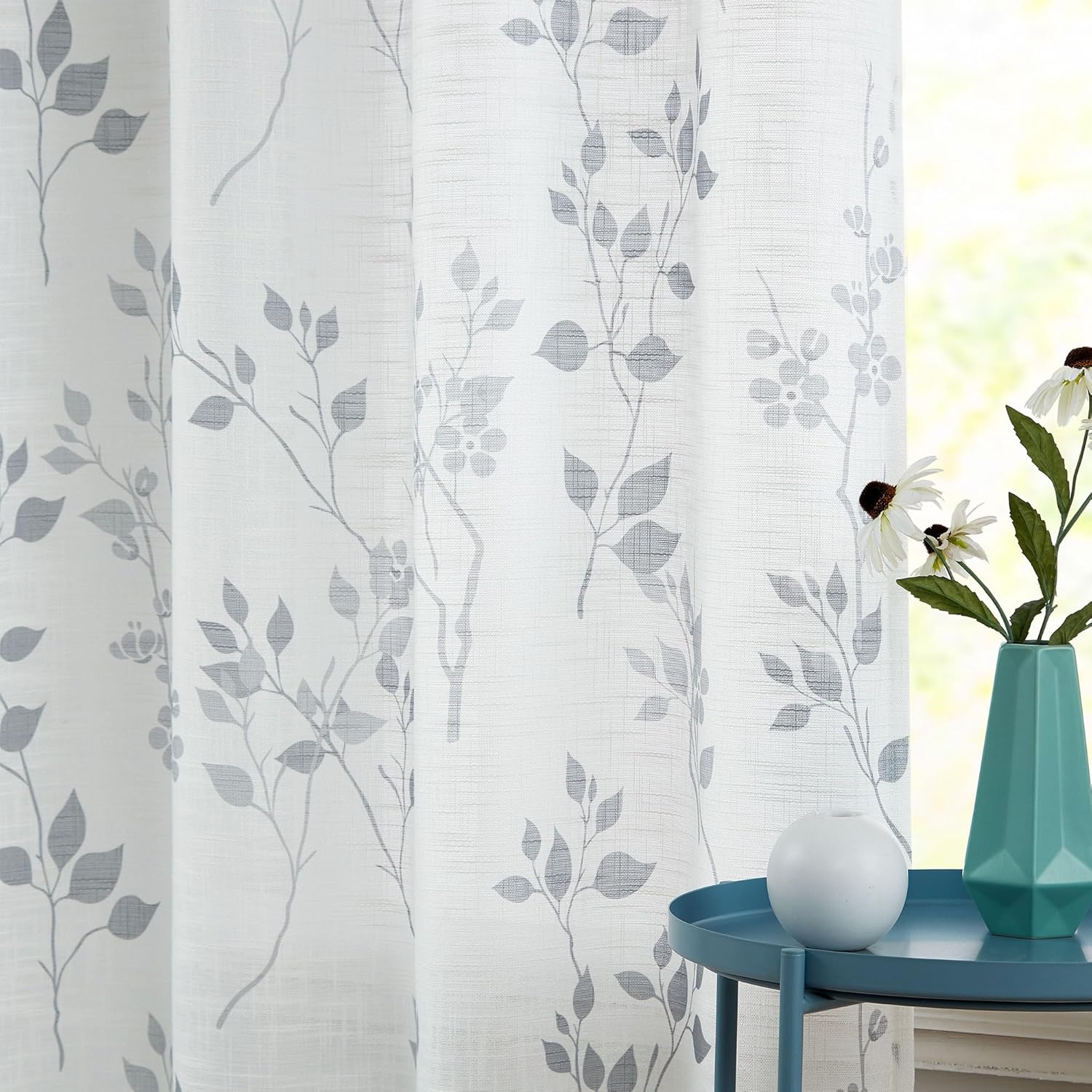 Grey Floral Linen Curtain Panels