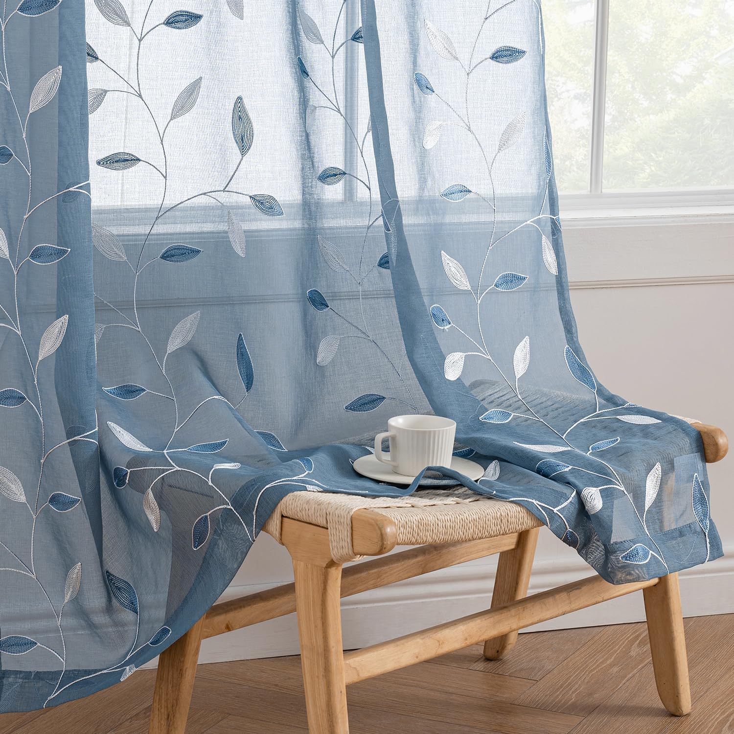 Beige Embroidered Sheer Curtain Panels