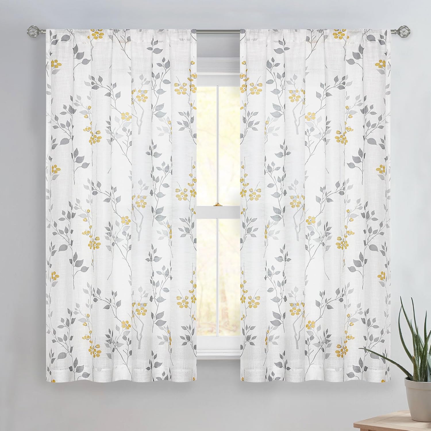 Grey Floral Linen Curtain Panels