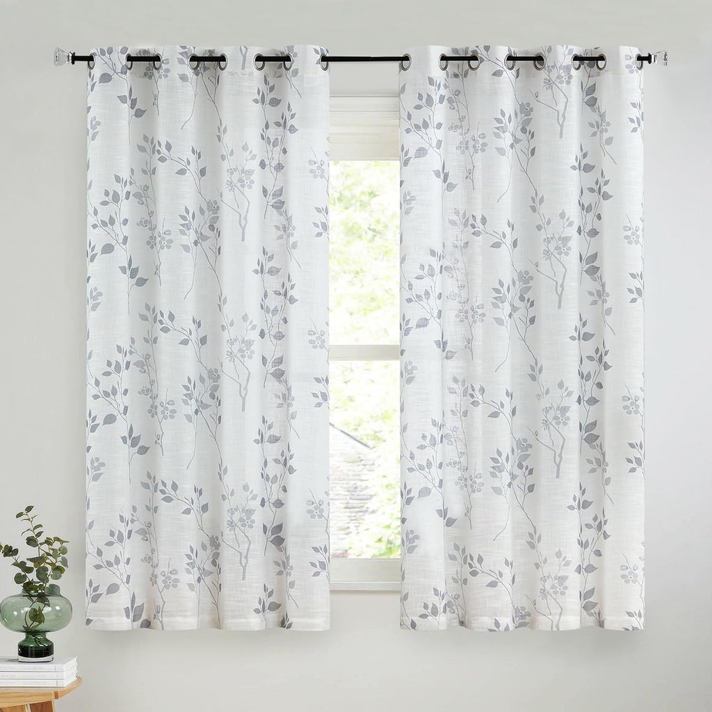 Grey Floral Linen Curtain Panels