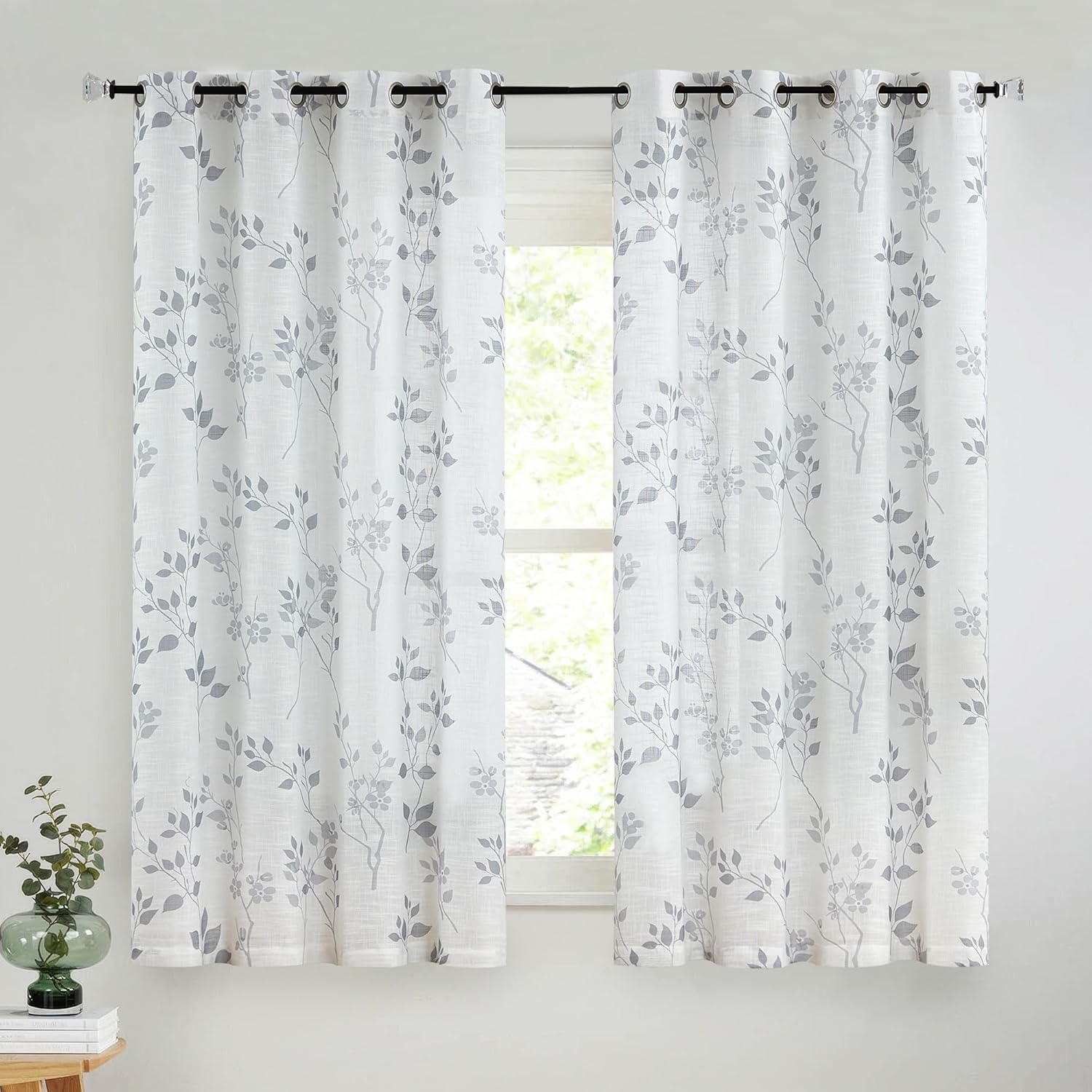 Grey Floral Linen Curtain Panels