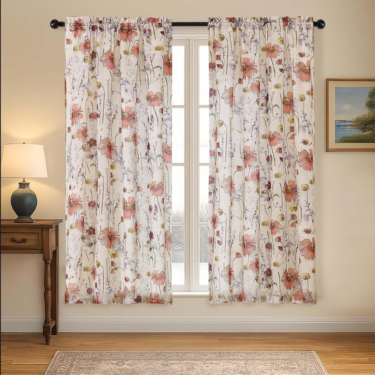 Floral Semi Sheer Short Curtains