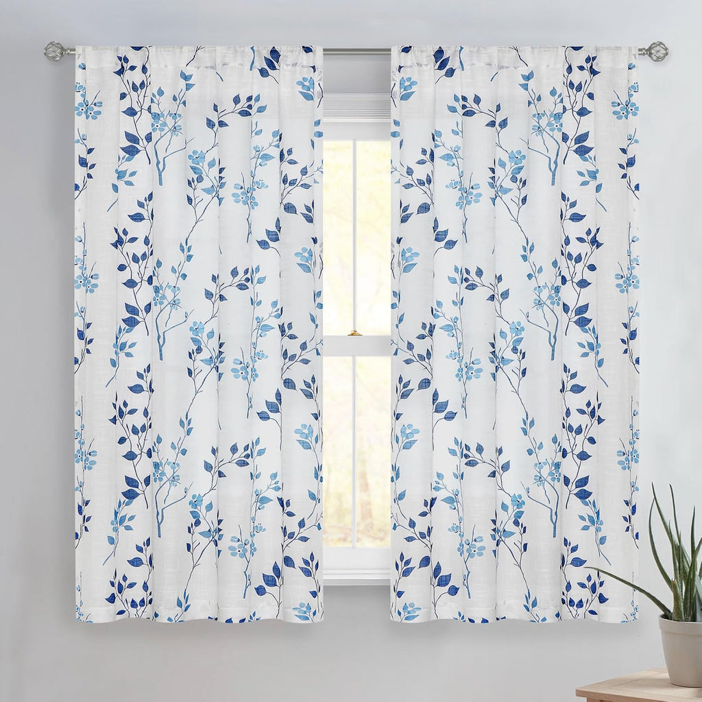 Grey Floral Linen Curtain Panels