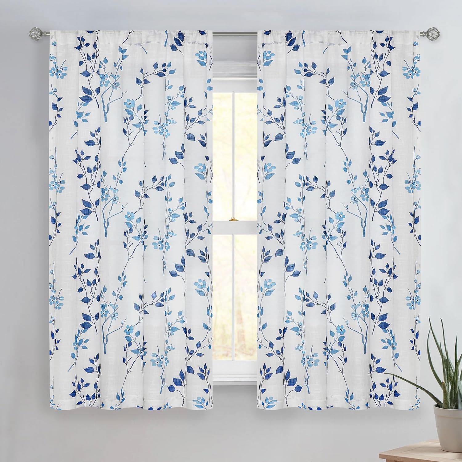 Grey Floral Linen Curtain Panels