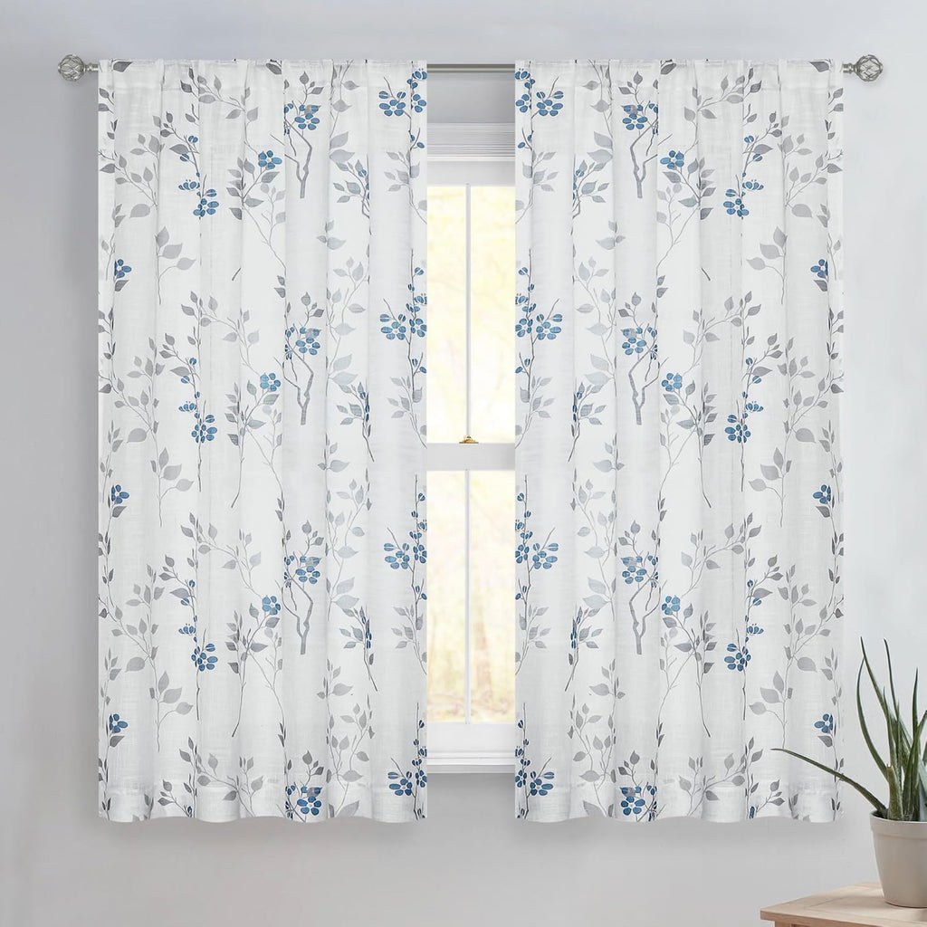 Grey Floral Linen Curtain Panels