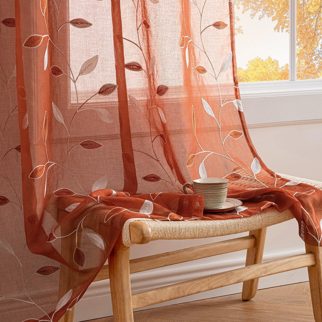 Beige Embroidered Sheer Curtain Panels