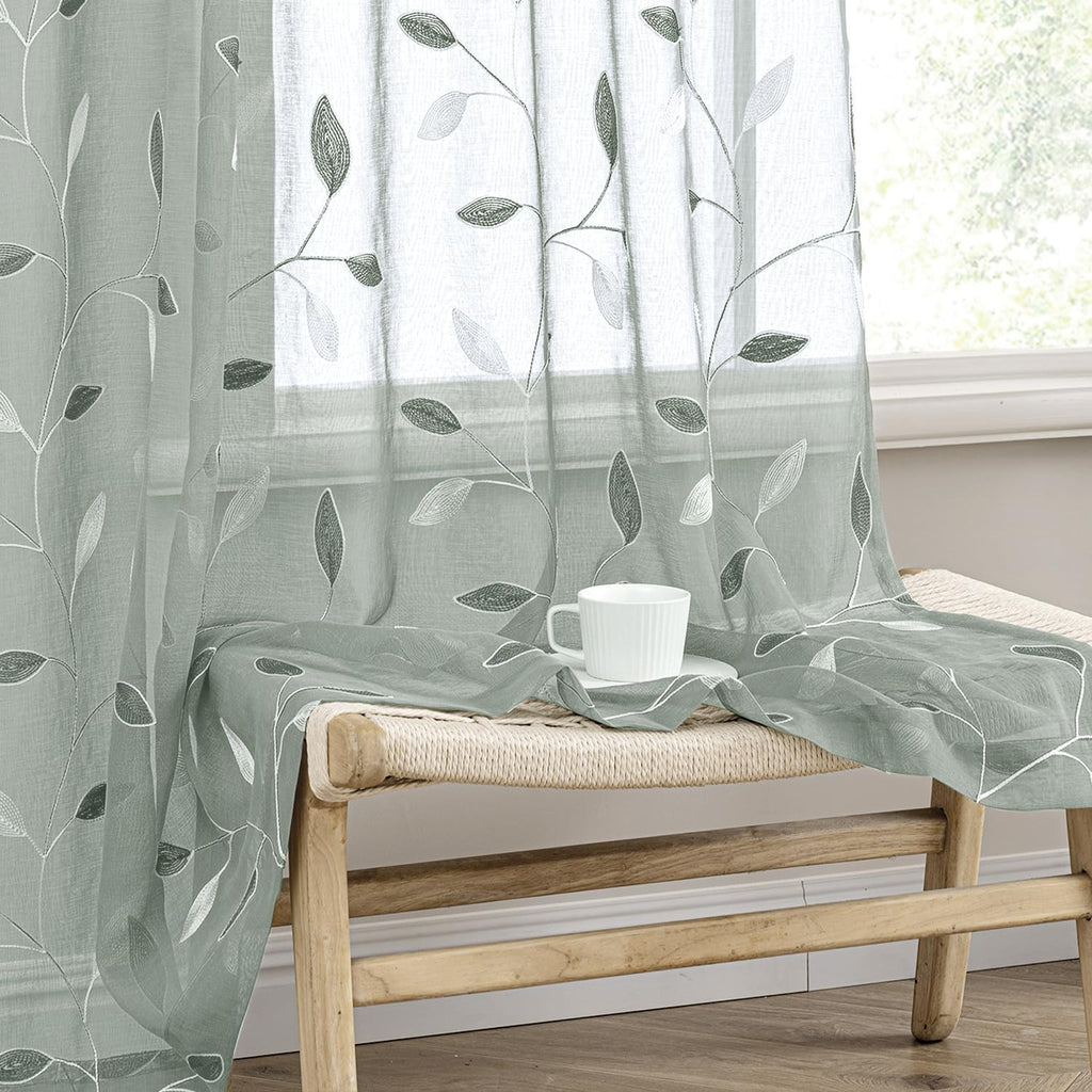 Beige Embroidered Sheer Curtain Panels